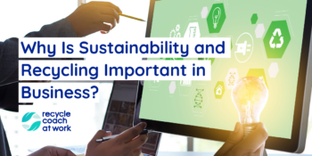 Business people pointing to a computer screen with recycling and sustainability imagery. One hand is holding a light bulb that is lit up